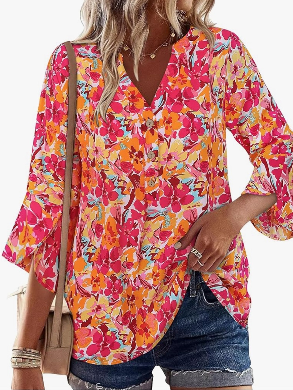 Chic Nation Pink & Orange Floral V-Neck Button Front Blouse